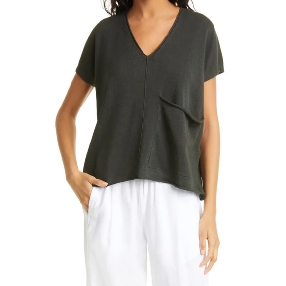 EILEEN FISHER Sz 2X Black Short Sleeve Organic Linen Cotton Boxy Blouse Pocket - Picture 1 of 10